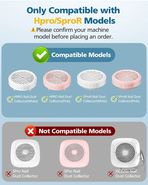 Compatibility chart for Replacement Filters Four Pack For Nail Dust Collectors, Compatible With MelodySusie HPro And SProR Models.