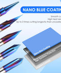 Top Shelf 5 Piece Cnc Router Bits Set For Wood Carving Uses Slick Quarter Inch Shank, showing 4 tungsten carbide bits with nano blue coating.