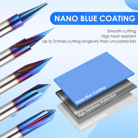 Top Shelf 5 Piece Cnc Router Bits Set For Wood Carving Uses Slick Quarter Inch Shank, showing 4 tungsten carbide bits with nano blue coating.