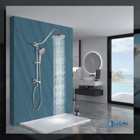 Retrofit Shower System With 6 Function Handheld Sprayer And 8 Inch Rain Shower Head in bathroom setup
