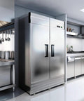 Shop Grade 54 Inch Stainless Steel Upright Freezer With Dual Solid Doors And Heavy Duty Casters For Quick Kitchen Or Garage Layout featuring a sleek design in a modern kitchen.