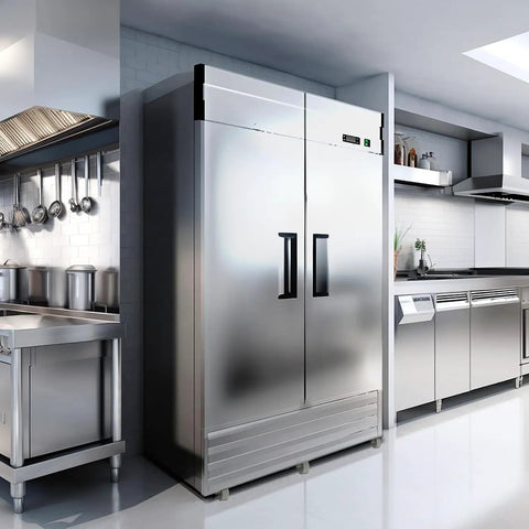 Shop Grade 54 Inch Stainless Steel Upright Freezer With Dual Solid Doors And Heavy Duty Casters For Quick Kitchen Or Garage Layout featuring a sleek design in a modern kitchen.