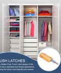 Open wardrobe with clothing, showcasing the Eight Pack Magnetic Push Latches Set For Cabinets And Drawers in golden finish, with inset image.