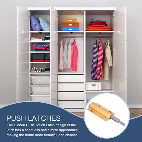 Open wardrobe with clothing, showcasing the Eight Pack Magnetic Push Latches Set For Cabinets And Drawers in golden finish, with inset image.