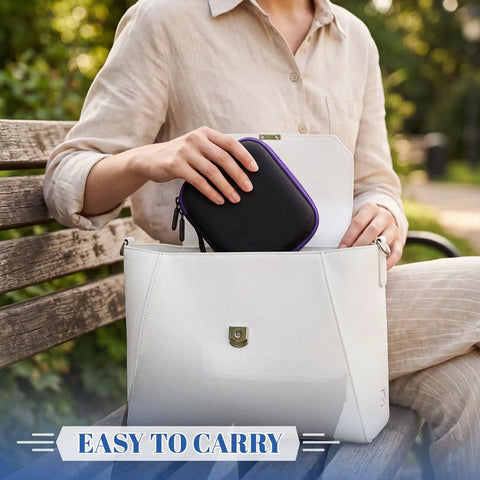 Person placing Purple 6 Slot Peptide Vial Storage Case For 3ml 10ml 30ml Bottles into white bag on park bench