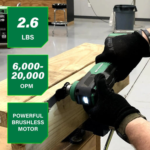 Cordless Oscillating Multi Tool For DIY Pros With 6 Speed Settings Low Vibration Design cutting wood in workshop.