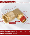 Three Quarters Inch Quick Push To Connect Brass 90 Degree Elbow Union Swivel Fittings DOT Approved Tube OD Three Quarters Inch And Three Eighths Inch NPT Thread Air Brake Line Adapter with dimensions and specifications.