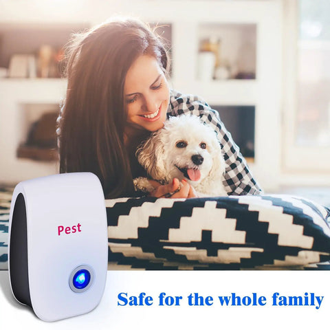 Woman with dog near Plug In Ultrasonic Pest Repeller Eight Pack For Indoor Use Keeps Mice, Rats, Roaches, Ants, Mosquitoes And More Away