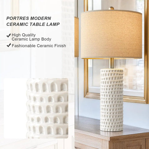 24 Inch Farmhouse Ceramic Table Lamp Set Of 2 White For Bedroom And Living Room Modern Nightstand Lamps displayed on wooden table