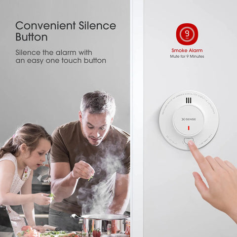 Foolproof Smoke Detector Featuring Ten Year Long Life Sealed Lithium Battery UL 217 Certified Rock Solid Home Fire Safety Alarm Zero Hassle Maintenance 10 Pack Wall Mounted with silence button in kitchen.