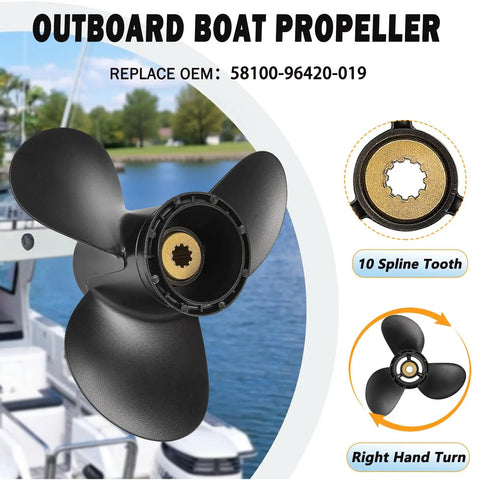 Aluminum Propeller For Suzuki Outboard Engines Ten And One Quarter Inch Diameter Eleven Inch Pitch Three Blade Right Hand Rotation Ten Spline Fits DT20 DT25 DT30 20 to 30 HP Heavy Duty Performance Built Tough.