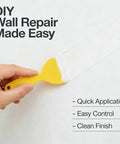 Hand using yellow scraper from Drywall Repair Kit With Scraper For Quick Hole And Crack Fix, Wall Patch Kit With Fast Dry Spackling Paste For Interior Walls, Sands Smooth And Paints Easy, Ideal For DIY Home Mending And Pro Grade Look Finishes on white wall
