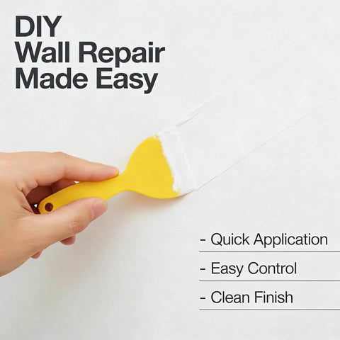 Hand using yellow scraper from Drywall Repair Kit With Scraper For Quick Hole And Crack Fix, Wall Patch Kit With Fast Dry Spackling Paste For Interior Walls, Sands Smooth And Paints Easy, Ideal For DIY Home Mending And Pro Grade Look Finishes on white wall