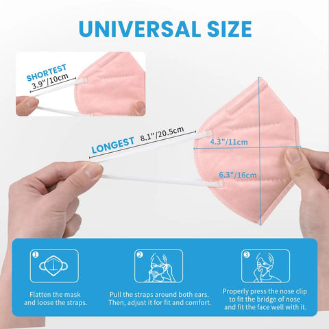Hand displaying universal size of pink cup-shaped KN95 Face Mask with elastic ear loops.