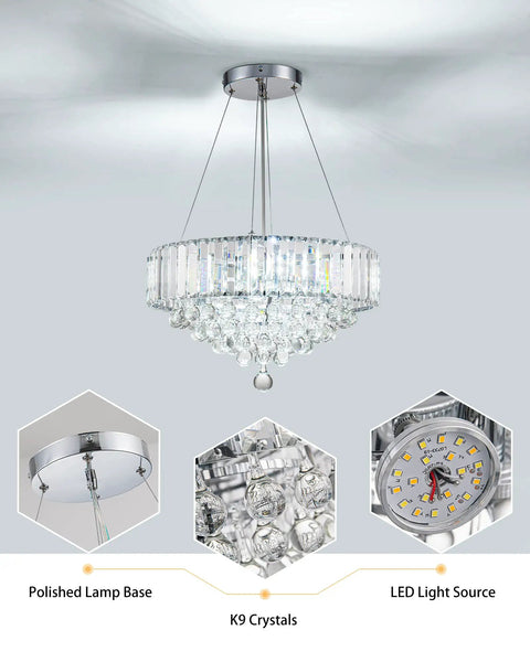 Modern Crystal Chandelier With LED Light Fixture That Elevates Your Living Room Bedroom And Dining For Real Chrome And White Finish 15.7 Inch Diameter Easy Install Dimmable Glow, showing polished lamp base, K9 crystals, and LED light source.