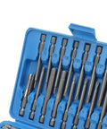 Awesome 50 Piece Extra Long Security Bit Set With Magnetic Holder For Tough Drilling Jobs Featuring Multi Sizes Hex Torq Clutch Spline And Flat Square Bits Perfect Anytime You Need Serious Power And Precision In Your Drill Driver Kit Gear. blue plastic case with T8 T10 T15 T20 security bits