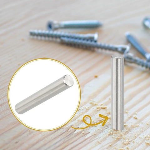 Kickass 304 Stainless Steel Dowel Pins 10Mm By 70Mm 4 Pack displayed on wood surface, highlighting quality metal peg for DIY use.