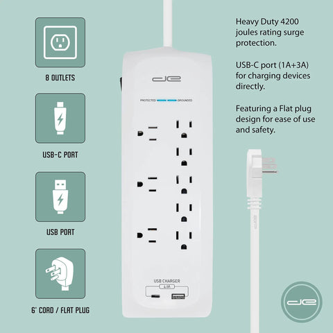 8-Outlet Surge Protector Power Strip With 4200 Joules, USB-C And USB-A Ports, Flat Plug, 6-Foot Cord, White, front view