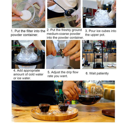 Step-by-step guide showing use of Straight Up Smooth High Borosilicate Glass Cold Brew Tower With Adjustable Drip Valve.