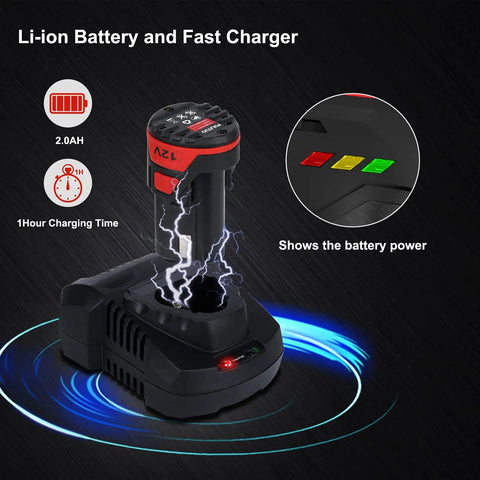 Lightweight Brushless 12V Cordless Drill Kit With 310 Inlb Torque battery and fast charger illustration
