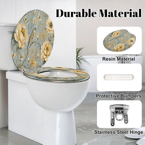 Round Luxury ornate for creating textiles paper Print gold Toilet Seat with floral design and stainless steel hinge.