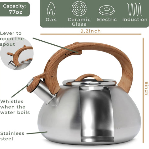 Stovetop Whistling Tea Kettle Two Point Four Quart Stainless Steel For Induction And Gas Stovetops Durable Rust Resistant Teapot