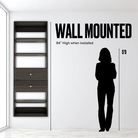 Grey Modular Closet Shelf Tower With 2 Smooth Drawers And Versatile Shelves Delivers A Killer Storage Experience, 84 inches high wall-mounted design.