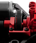 Close-up of Race-Grade TT02 Belt Drive RC Car Transmission System with 36T Aluminum Pulley and 16T Gear, red components visible.