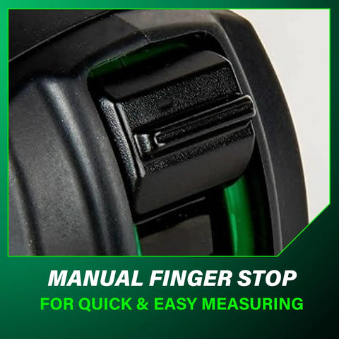 Close-up of manual finger stop on TruRange 25 Ft Measuring Tape With 17 Ft Standout, High Visibility Green Blade.