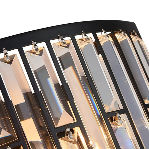 Close-up of Modern K9 Crystal Wall Sconce Flush Mount LED Light With Matte Black Finish and fan shades, showcasing crystal details.