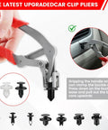 Professional Grade Dead Simple Car Clip Pliers And Panel Removal Tool in use, gripping a plastic fastener, with various clips visible.