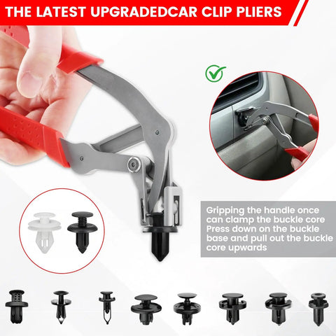 Professional Grade Dead Simple Car Clip Pliers And Panel Removal Tool in use, gripping a plastic fastener, with various clips visible.