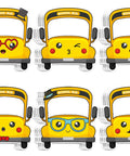 120 Pack School Bus Name Tags In 6 Cartoon Styles For Classroom Use, Bulletin Boards, And Back To School Parties, Easy Peel And Stick Nameplates For Desks, Walls, And Message Boards, 3.9 X 3.7 Inch showing cartoon bus designs.