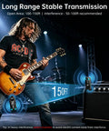 Ultra Clear UHF Wireless Guitar System with 6 channel transmitter and receiver used by guitarist on stage, 150 feet range