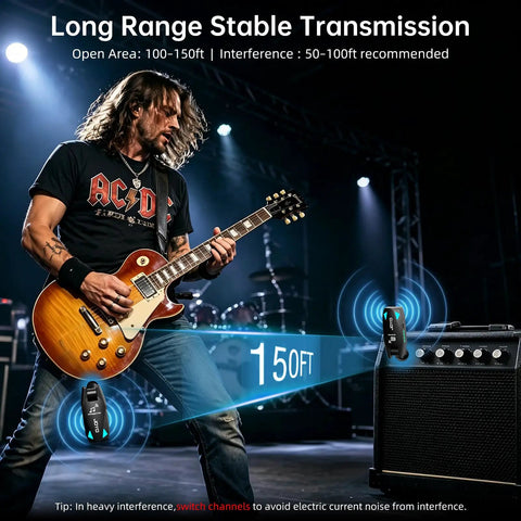 Ultra Clear UHF Wireless Guitar System with 6 channel transmitter and receiver used by guitarist on stage, 150 feet range