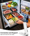 Open camper fridge with food inside; RV Refrigerator Freezer Compartment Door Hinge Replacement For RM6270 RM6271 RM6275 RM8461 And 2412125011 Easy Close Seal Tight Door Closure Durable Camper Refrigerator Part inset