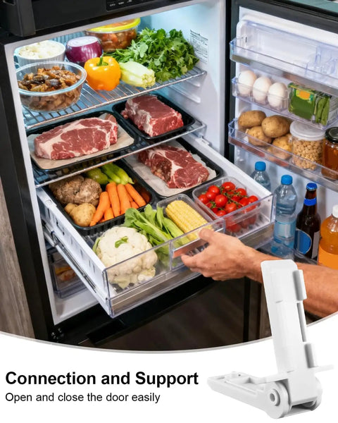 Open camper fridge with food inside; RV Refrigerator Freezer Compartment Door Hinge Replacement For RM6270 RM6271 RM6275 RM8461 And 2412125011 Easy Close Seal Tight Door Closure Durable Camper Refrigerator Part inset