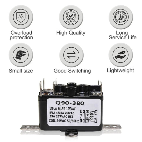 Beefy Enclosed General Purpose Fan Relay Replacement For Emerson 90-380 24V coil shown with features like overload protection and high quality.
