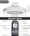 Diagram showing dimensions of 20-inch Cool White Ceiling Fan With Light and its remote control features.