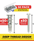 Zinc Self Drilling Drywall Anchor Kit with Screws, 50 Pack, showing anchor and screw dimensions, heavy duty metal anchors.