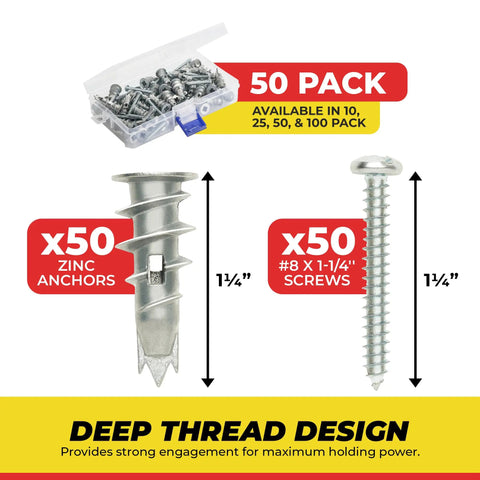 Zinc Self Drilling Drywall Anchor Kit with Screws, 50 Pack, showing anchor and screw dimensions, heavy duty metal anchors.