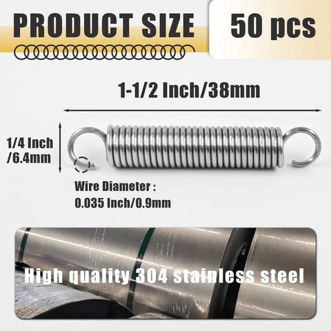 50-pack stainless steel extension springs with hooks, 1/4 in x 1-1/2 in, 0.035 in wire diameter