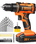 20V Cordless Drill Driver Set With Battery And Fast Charger LED Light 25 Plus One Torque Settings 43 Piece Drill Bit And Accessory Kit Including Screws Wall Anchors Extension Bar Flexible Shaft And Cleaning Brush