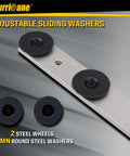 Heavy Duty Aluminum Duct Stretcher Tool showing adjustable sliding washers and steel wheels for HVAC installation.