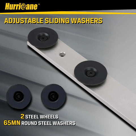 Heavy Duty Aluminum Duct Stretcher Tool showing adjustable sliding washers and steel wheels for HVAC installation.