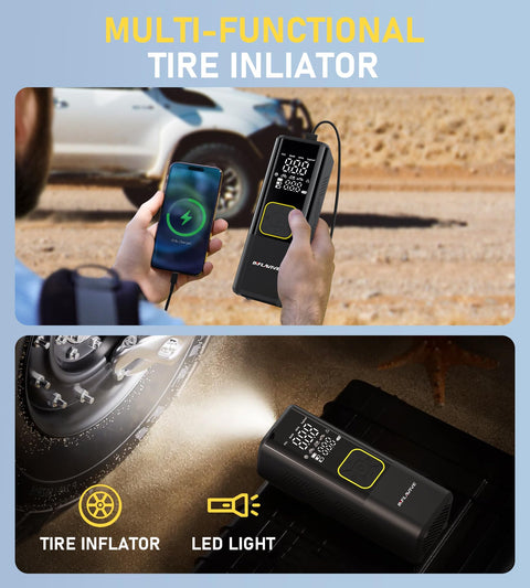 Man using Cordless Tire Inflator With 150 PSI Digital Gauge, Fast Inflation 3X Faster Air Pump for flat tire and phone charging