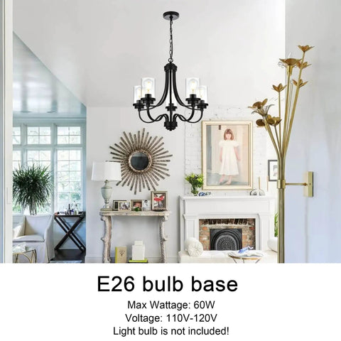 Affordable Luxury Five Light Farmhouse Chandelier In Classic Black Finish hanging in a living room with clear glass shades