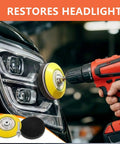 3 Inch Sanding Disc Drill Polishing Kit For Headlight Restoration in use on car headlight with drill attachment