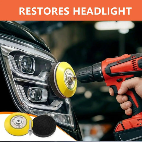 3 Inch Sanding Disc Drill Polishing Kit For Headlight Restoration in use on car headlight with drill attachment