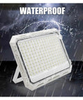 JUDYSSY Solar Outdoor Courtyard Lights 5-in-1 Led Beads High-Power Floodlights waterproof design with bright LED bulbs in rain.